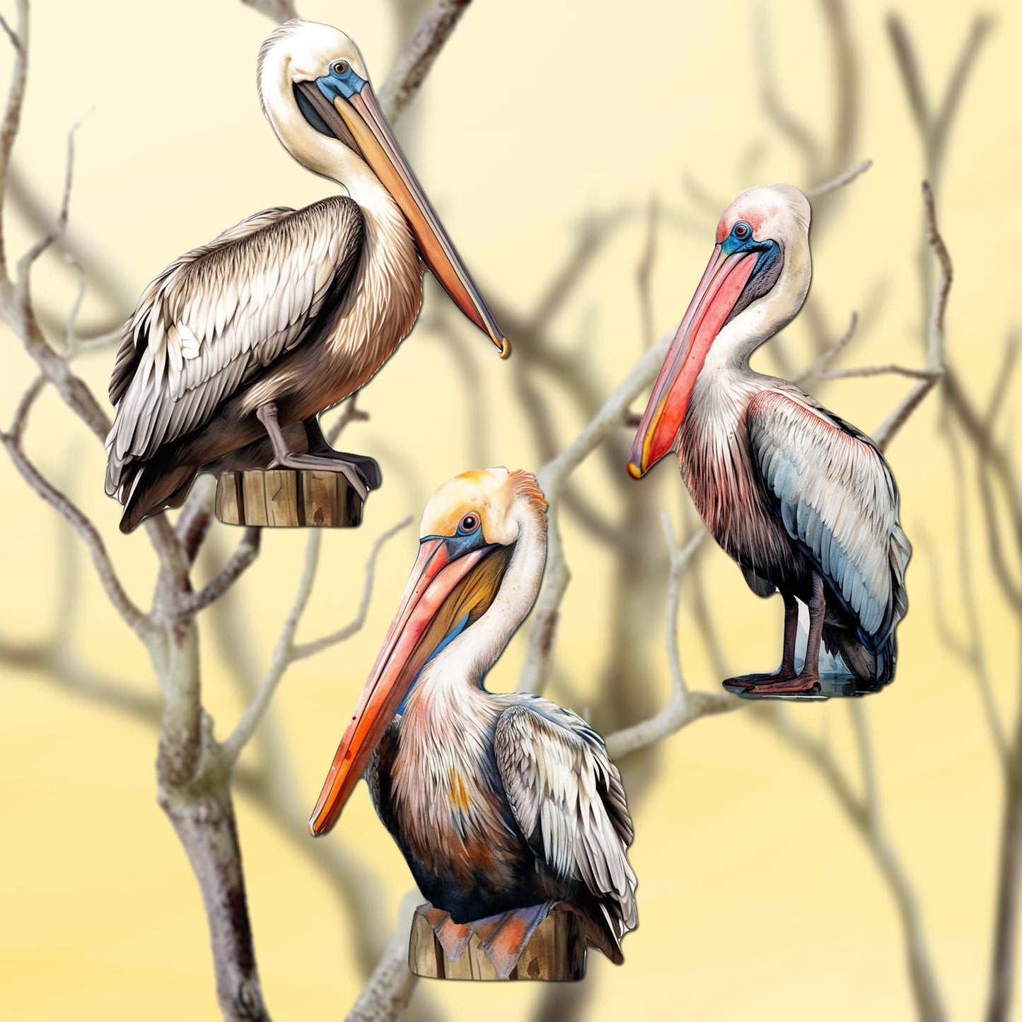Pelicans Decorative Wooden Clip-on Ornaments Set of 3 by G. Debrekht - Christmas Decor - 8091014C-S3