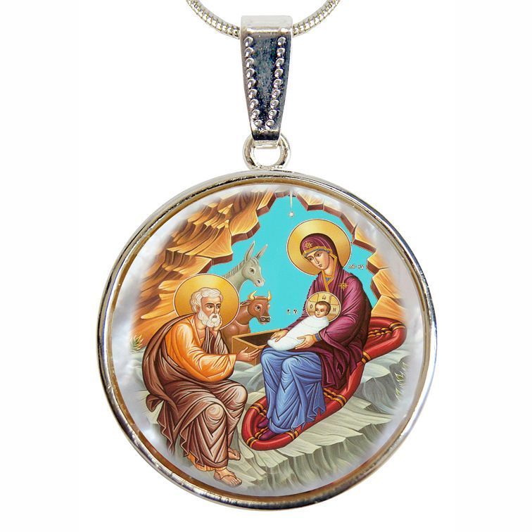 Orthodox Nativity Silver Plated Mother of Pearl Necklace Jewelry - 43052