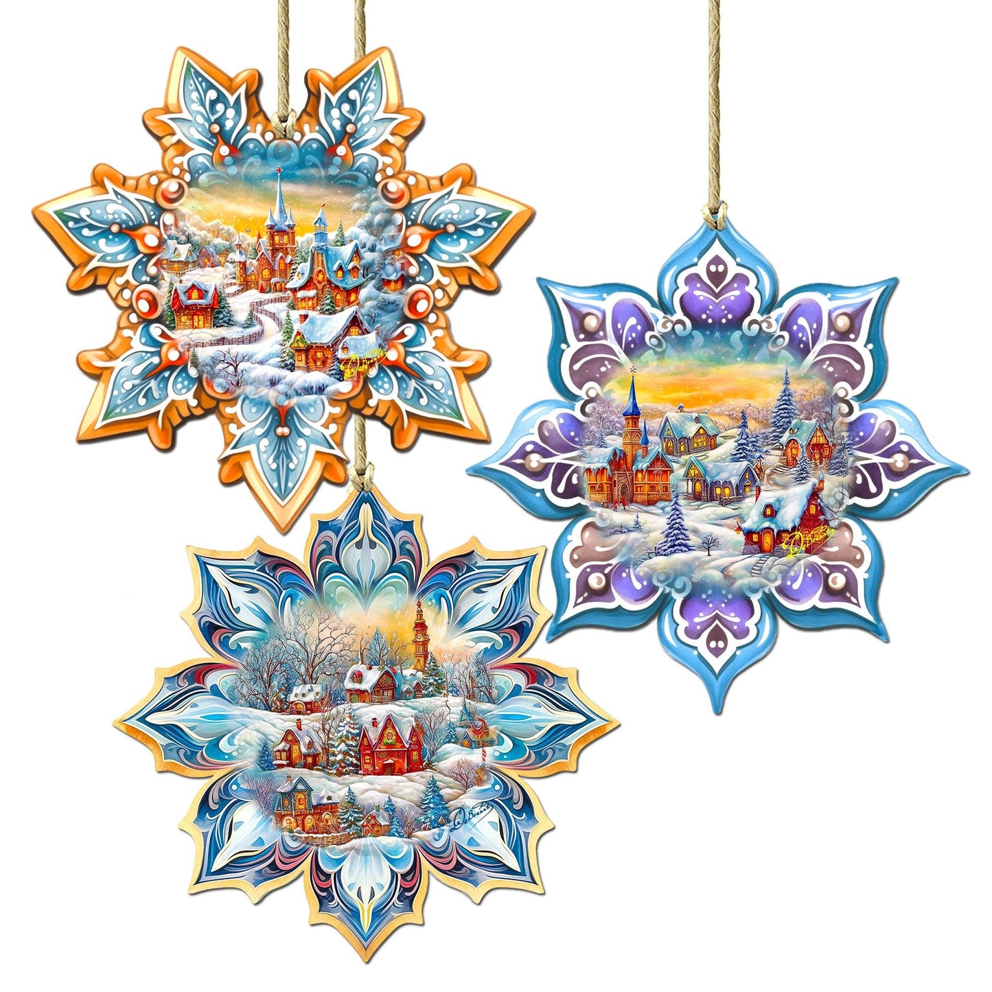 Winter Village Snowflake Wooden Ornaments Set of 3 by G. Debrekht - Christmas Decor - 8090146-S3