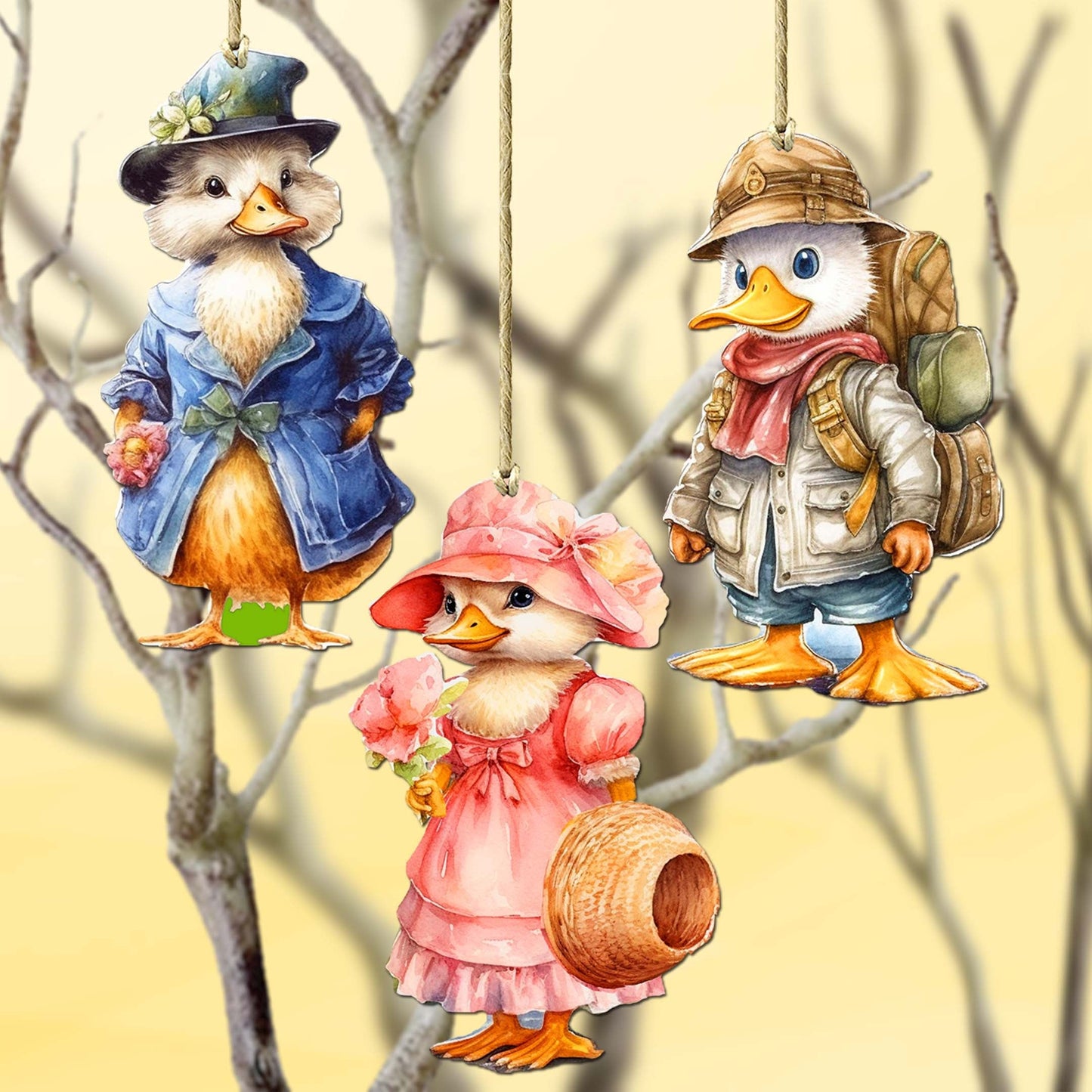 Easter Ducks Decorative Wooden Ornaments Set of 3 by G. Debrekht - Easter Decor - 8091043-S3