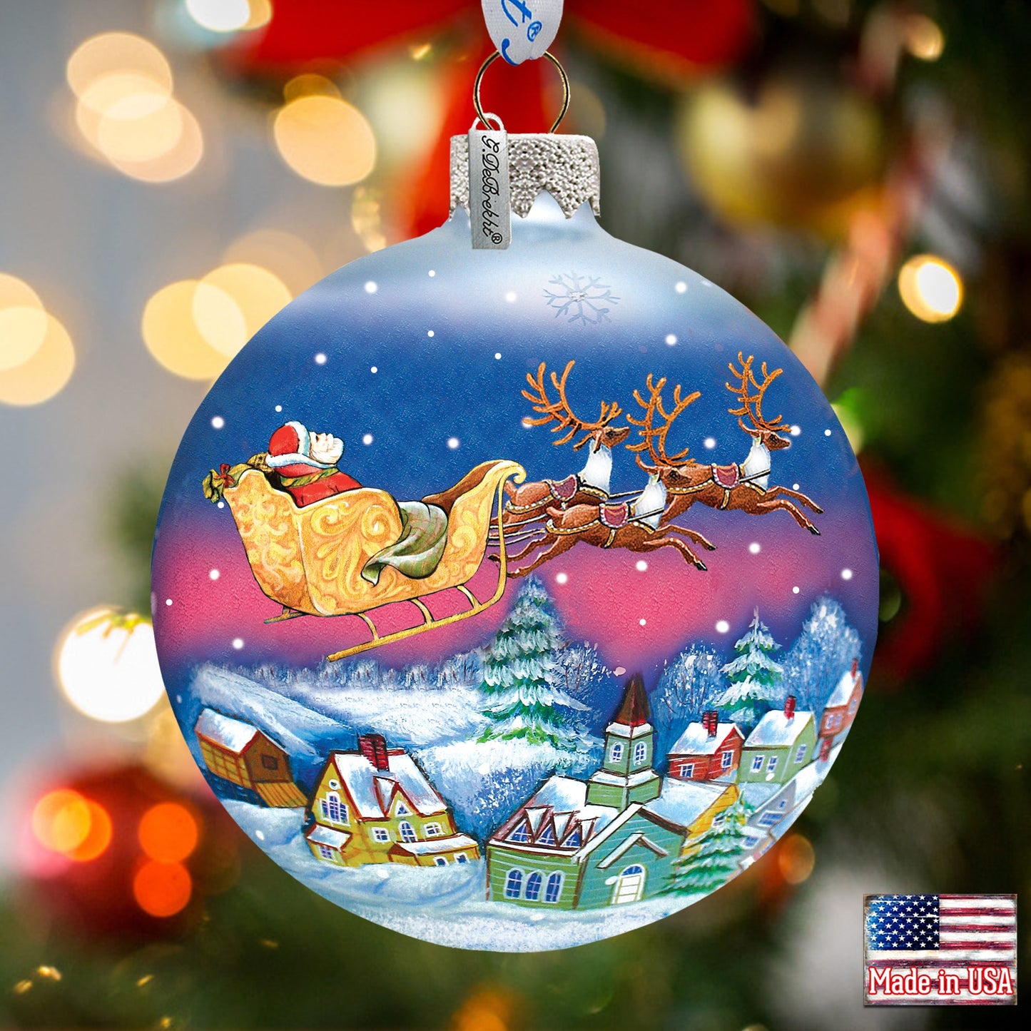 Santa on Sleigh Ball Glass Ornament by G. DeBrekht - Christmas Santa Snowman Décor - 73311