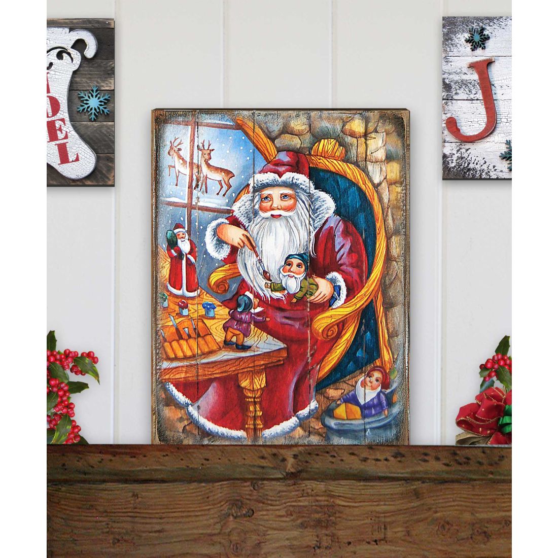 Christmas Workshop Santa Wooden Wall Art by G. DeBrekht - Christmas Santa Snowman Decor - 81215625B