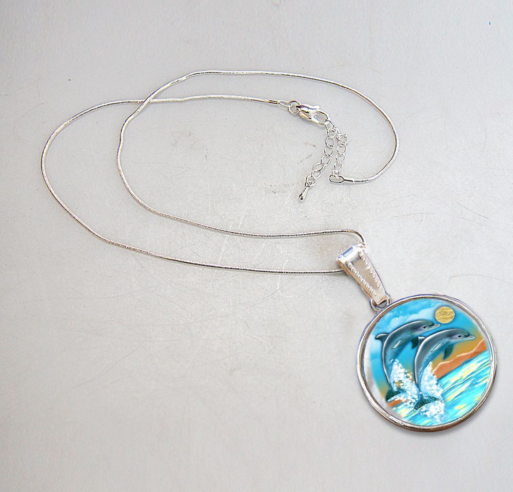 Flying Dolphins Silver Plated Jewelry Mother of Pearl Pendant Necklace - 44011