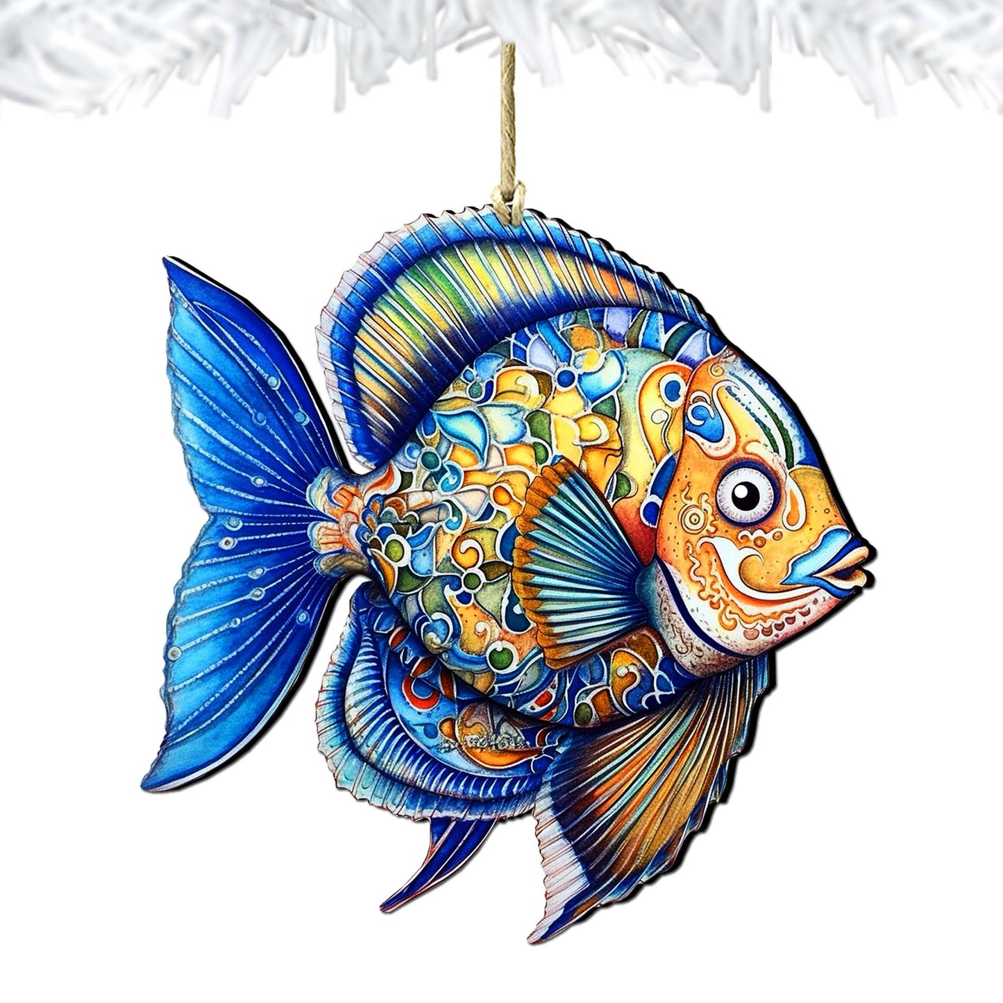 Wooden Christmas Tree Decorations - Blue Fish Wooden Ornaments by G.Debrekht Coastal Holiday Decor - 8688301