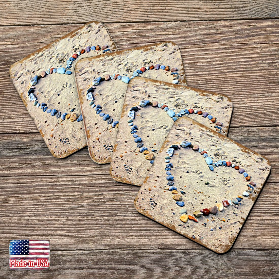 Heart Beach Art Coastal Wooden Cork Coasters Gift Set of 4 by Nature Wonders - Coastal Sea-Life Decor - 95254C-S4