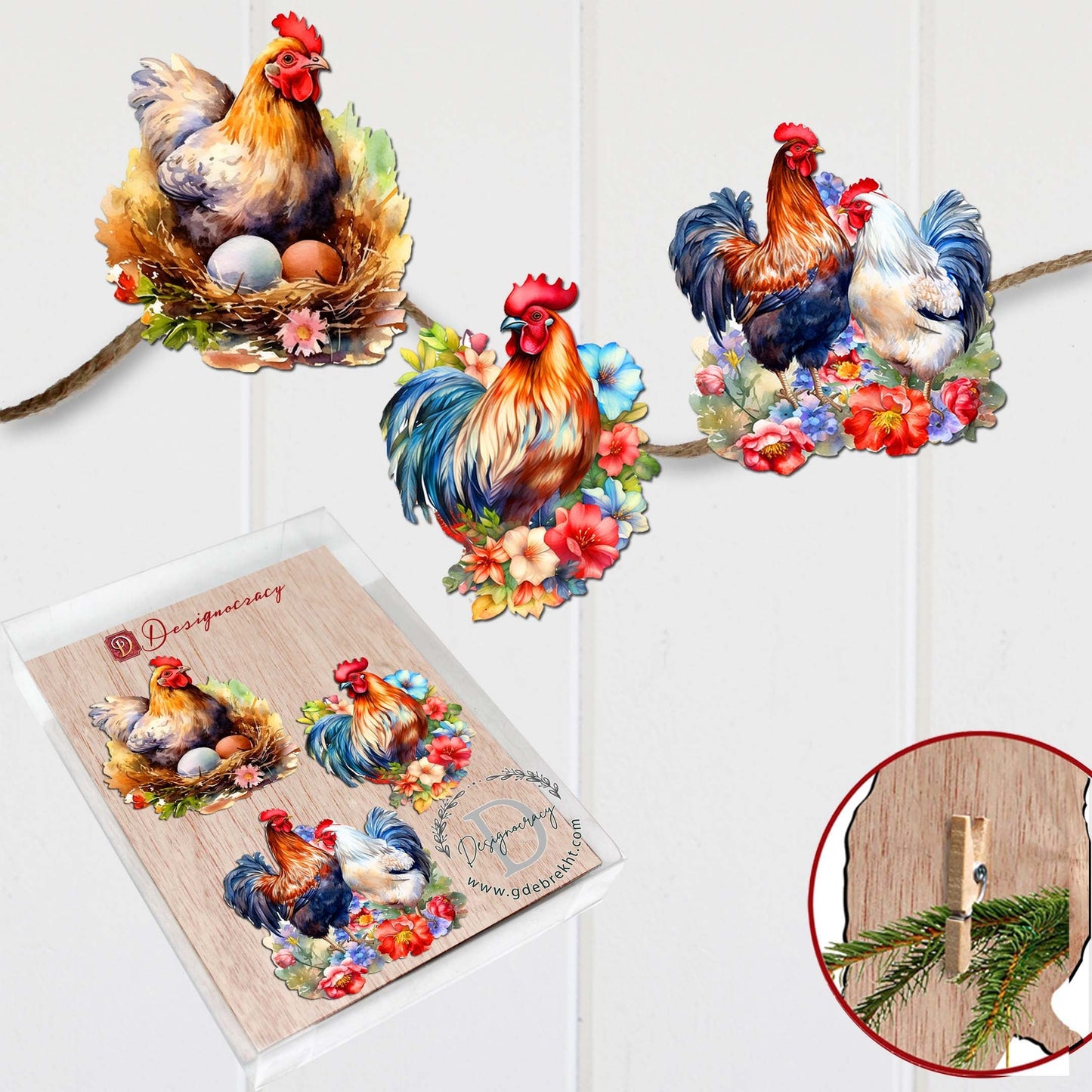 Spring on the Farm Decorative Wooden Clip-on Ornaments Set of 3 by G. Debrekht - Easter Decor - 8091056C-S3