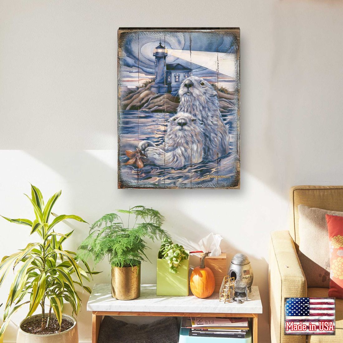 Starlight Otter Lighthouse Wooden Wall Art by J. Bergsma - Nature Wildlife Decor  - 8592572BP-JB