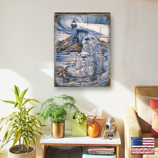 Starlight Otter Lighthouse Wooden Wall Art by J. Bergsma - Nature Wildlife Decor  - 8592572BP-JB
