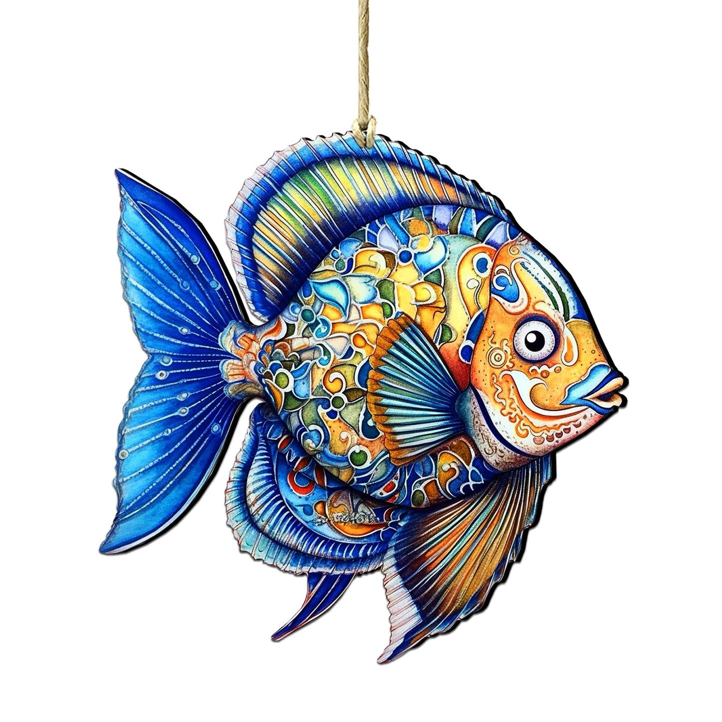 Wooden Christmas Tree Decorations - Blue Fish Wooden Ornaments by G.Debrekht Coastal Holiday Decor - 8688301