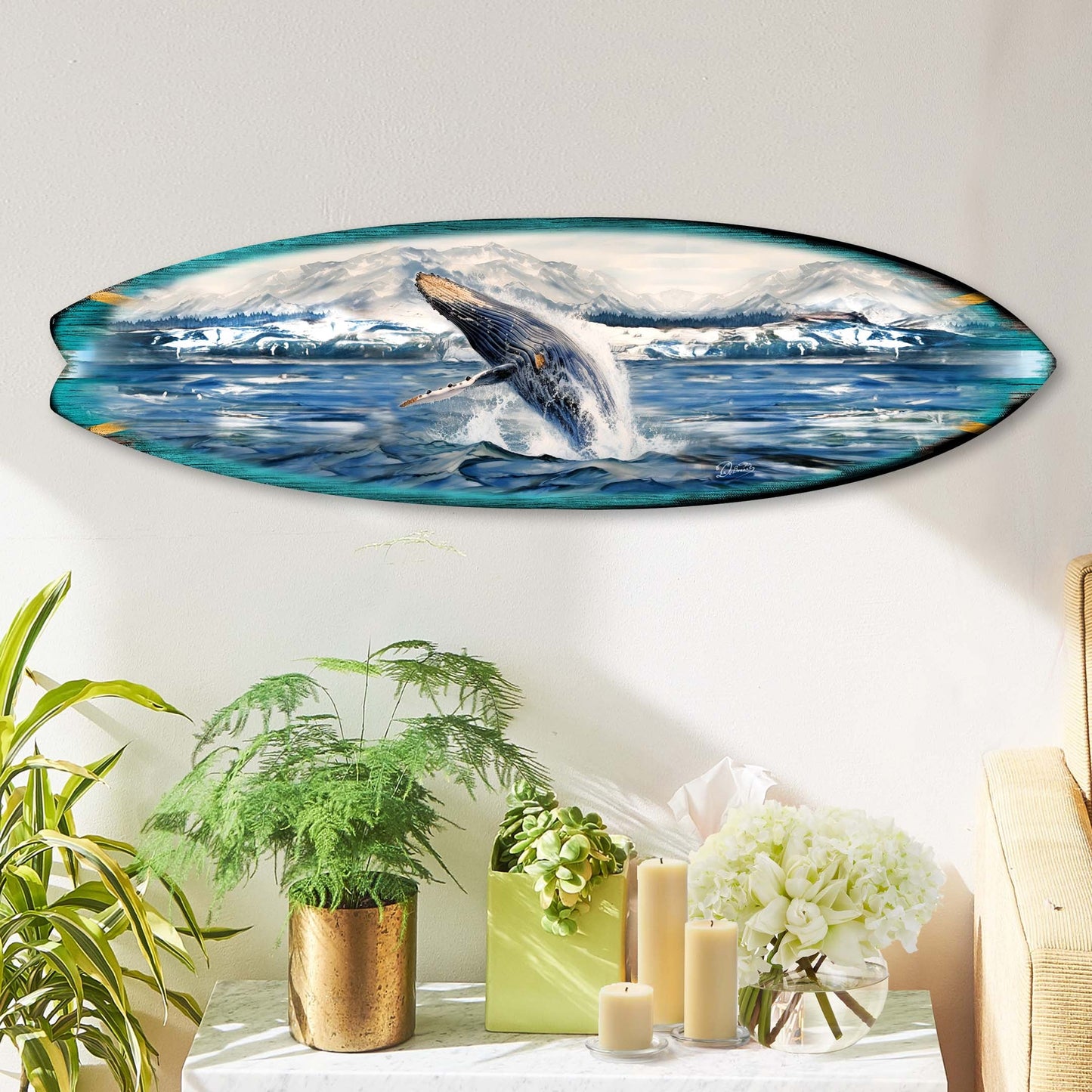 Humpback Harmony Surfboard Coastal Wall Art by G. DeBrekht - Coastal Holiday Decor - 8490119HS