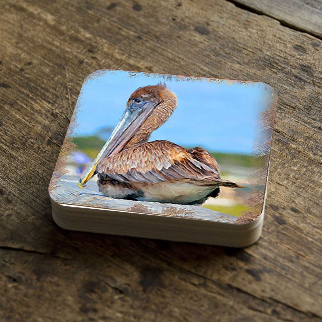 Pelican Coastal Wooden Cork Coasters Gift Set of 4 by Nature Wonders - Coastal Sea-Life Decor - 95325C-S4