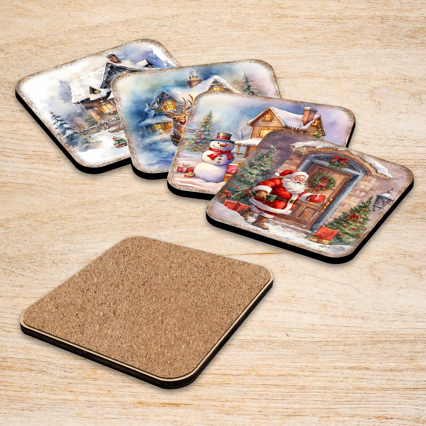 Christmas Is Here Wooden Cork Coasters Gift Set of 4 by G. Debrekht - Christmas Decor  - 8199443C-S4