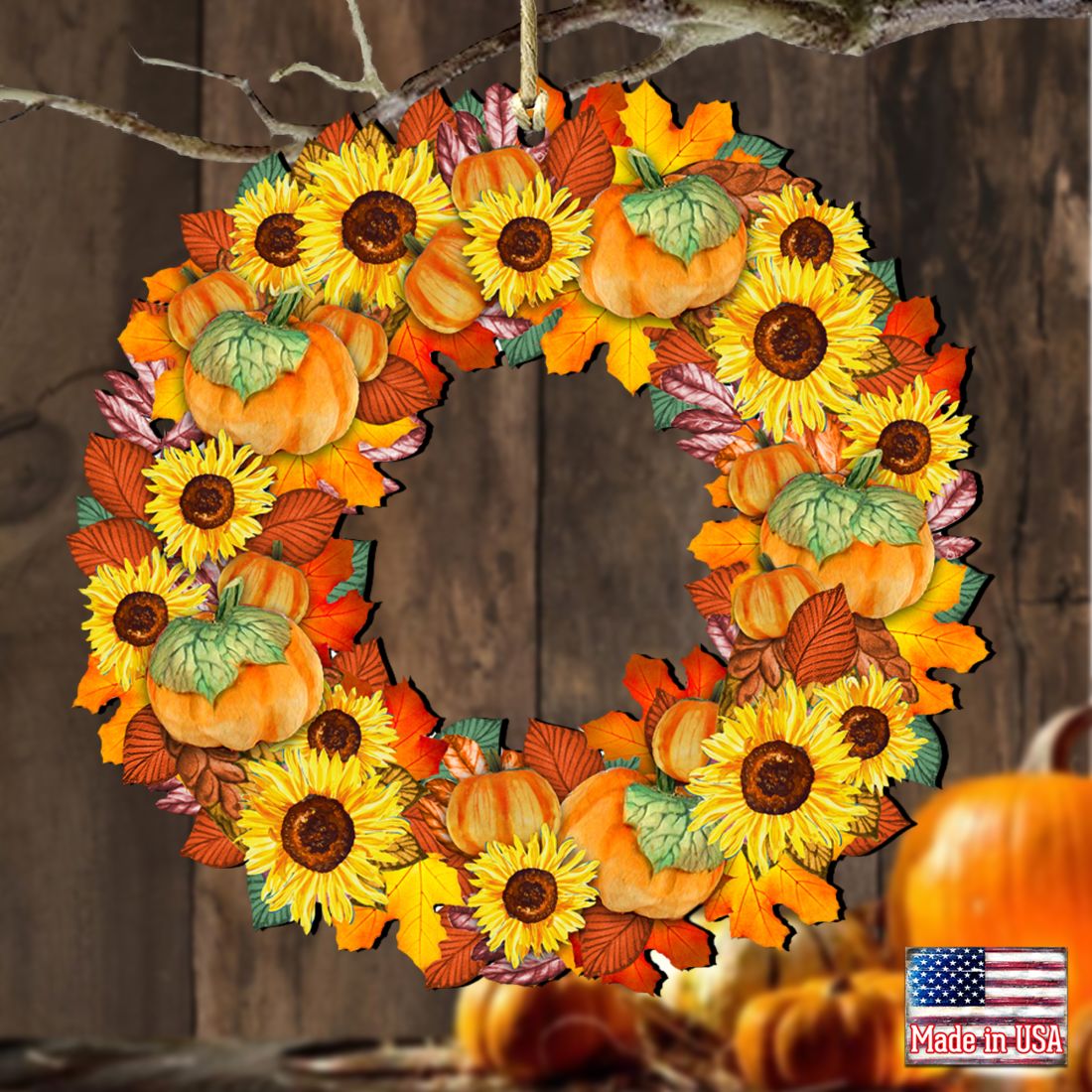 Flower Fall Wreath Wooden Ornaments by G. DeBrekht - Thanksgiving Halloween Decor - 8185305