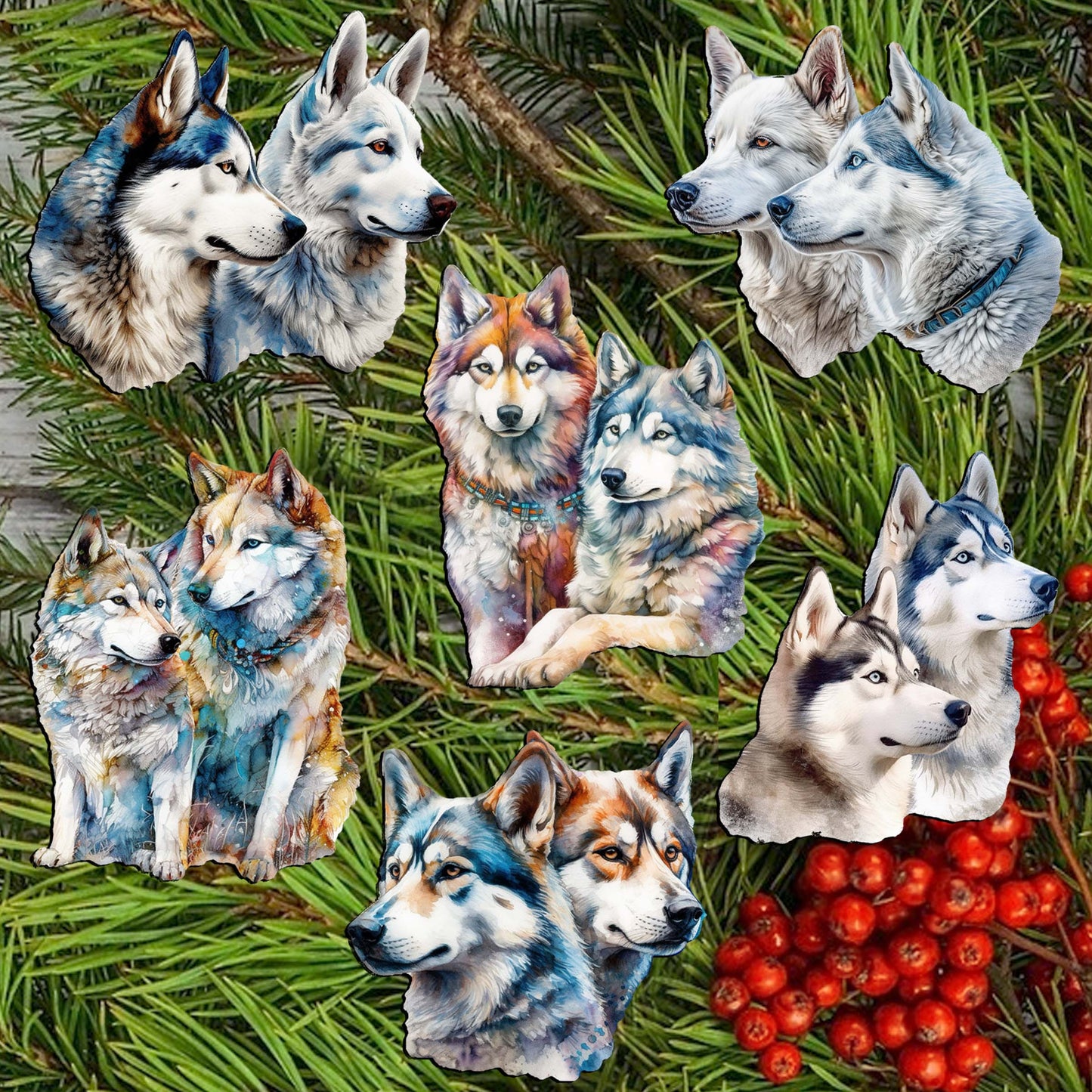 The Graceful Huskies Decorative Wooden Clip-on Ornaments Set of 6 by G. Debrekht - Wildlife Décor - 8090115C-S6