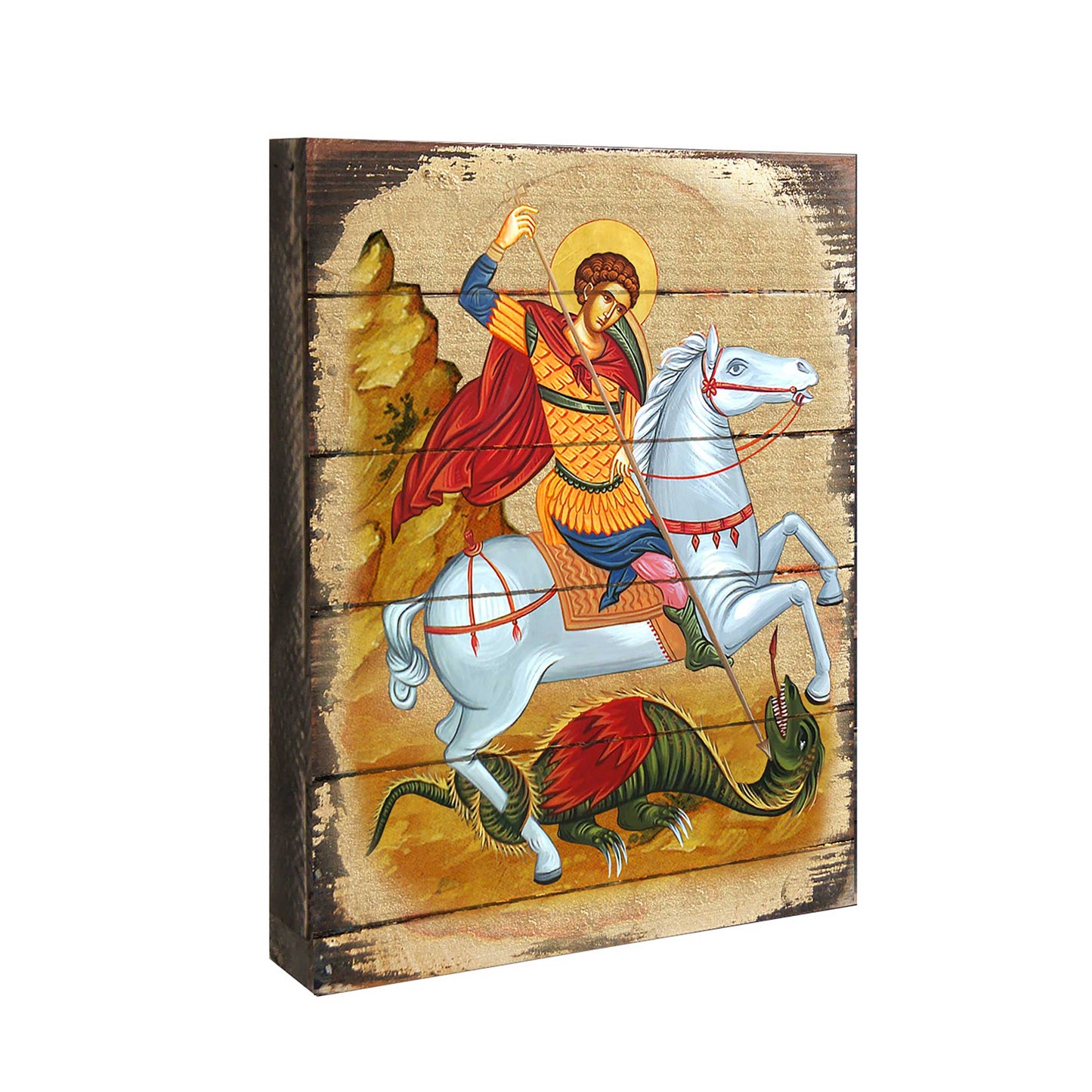 Saint George Wooden Gold Plated Religious Orthodox Sacred Icon - Inspirational Icon Decor - 85013
