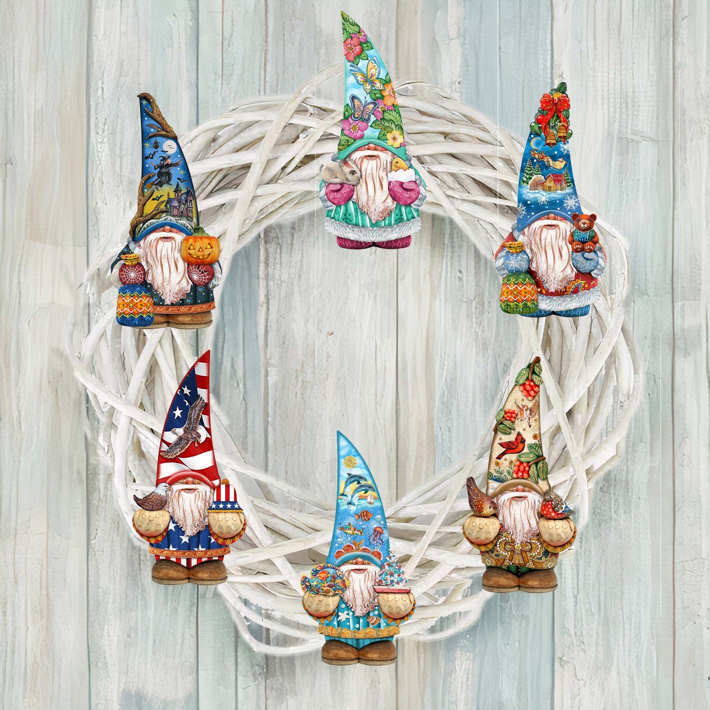 Holiday Gnomes Decorative Wooden Clip-on Ornaments Set of 6 by G. Debrekht  - Christmas Decor - 8090138C-S6