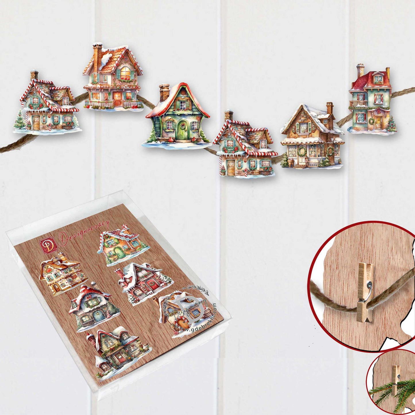 Christmas Houses Decorative Wooden Clip-on Ornaments Set of 6 by G. Debrekht - Christmas Decor - 8090024C-S6