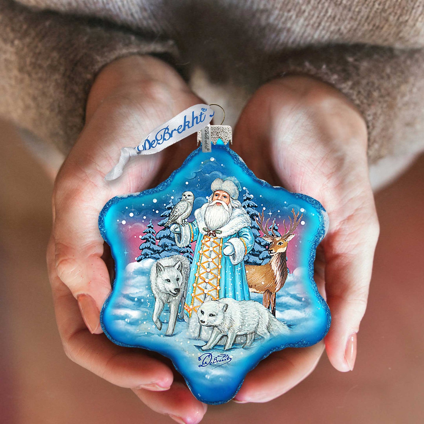 Santa Arctic Story Snowflake Glass Ornament by G. DeBrekht - Christmas Santa Snowman Decor - 754-011B