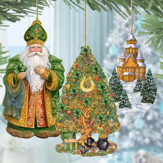 Santas Around the World - Irish Inspired Santa - Wooden Ornaments Set of 3 by G. DeBrekht Christmas Santa Snowman Decor - 8091306S3