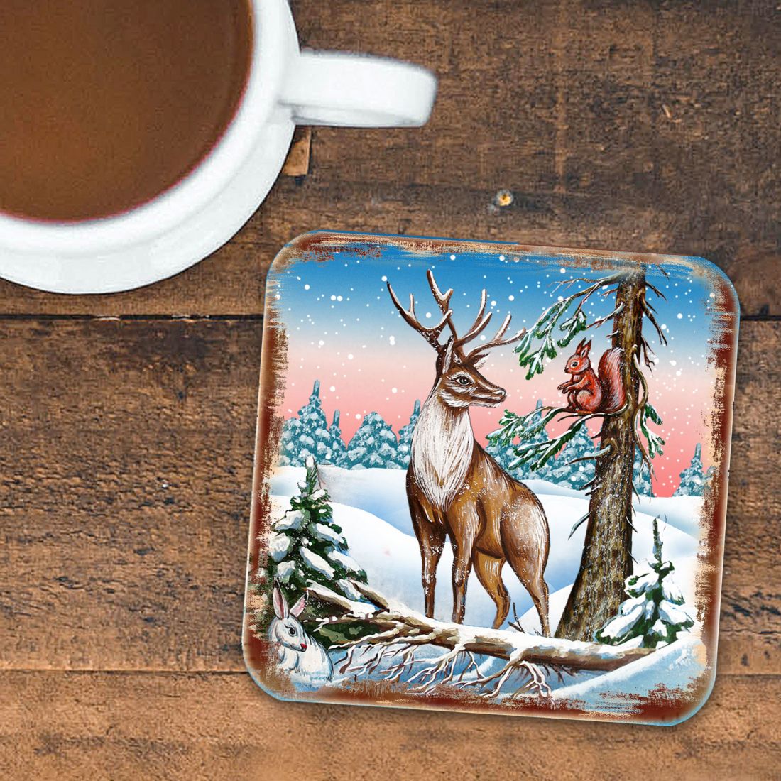 Deer Wooden Cork Coasters Gift Set of 4 by Nature Wonders - Nature Wildlife Decor  - 95379C-S4
