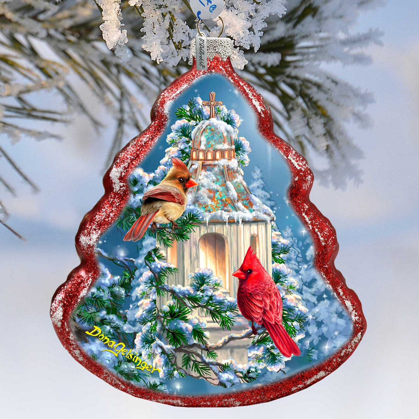 Little Cardinal Chapel Tree Glass Ornament by D. Gelsinger - Nativity Holiday Decor - 762-046-DG