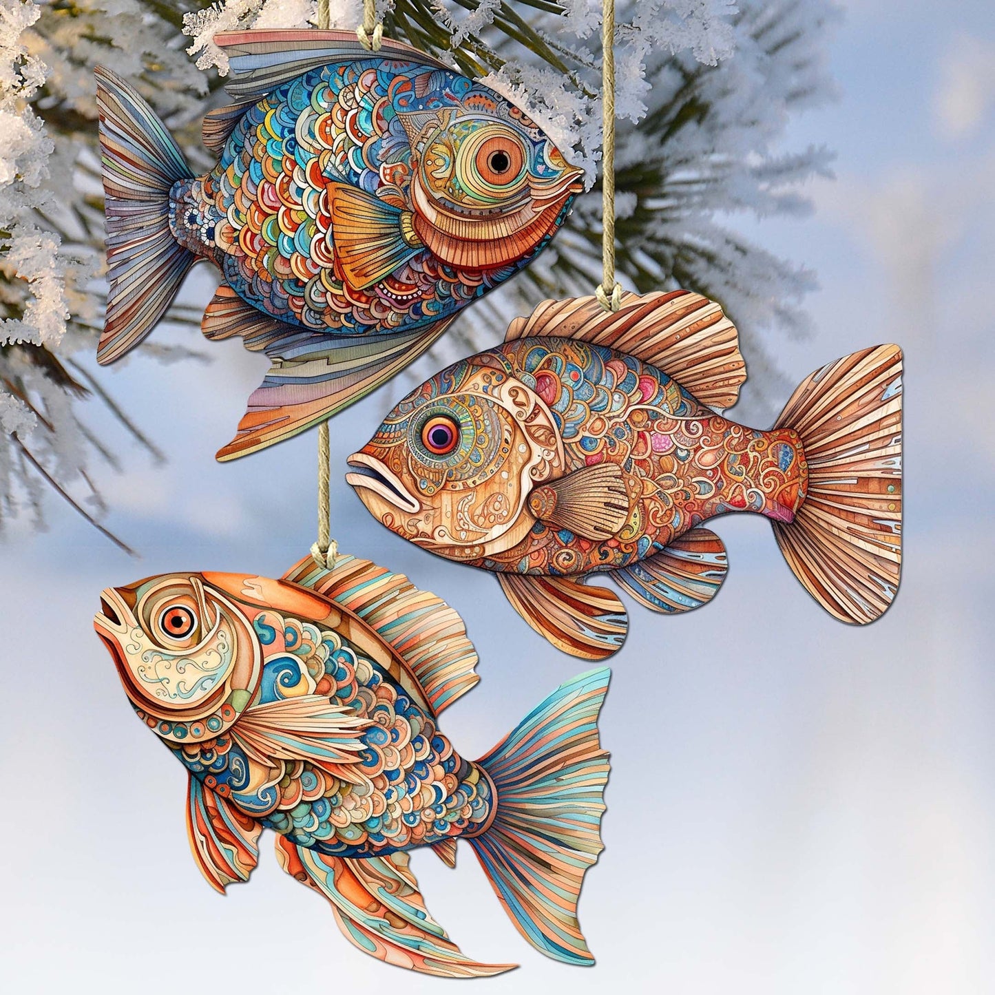 Coastal Fish Decorative Wooden Ornaments Set of 3 by G. Debrekht - Coastal Decor - 8091034-S3