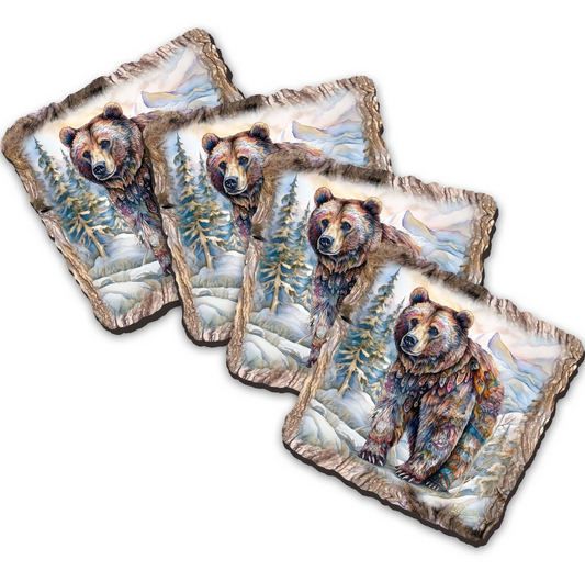 Grizzly Bear Wooden Cork Coasters Gift Set of 4 by Nature Wonders Nature Wildlife Decor  - 95397C-S4