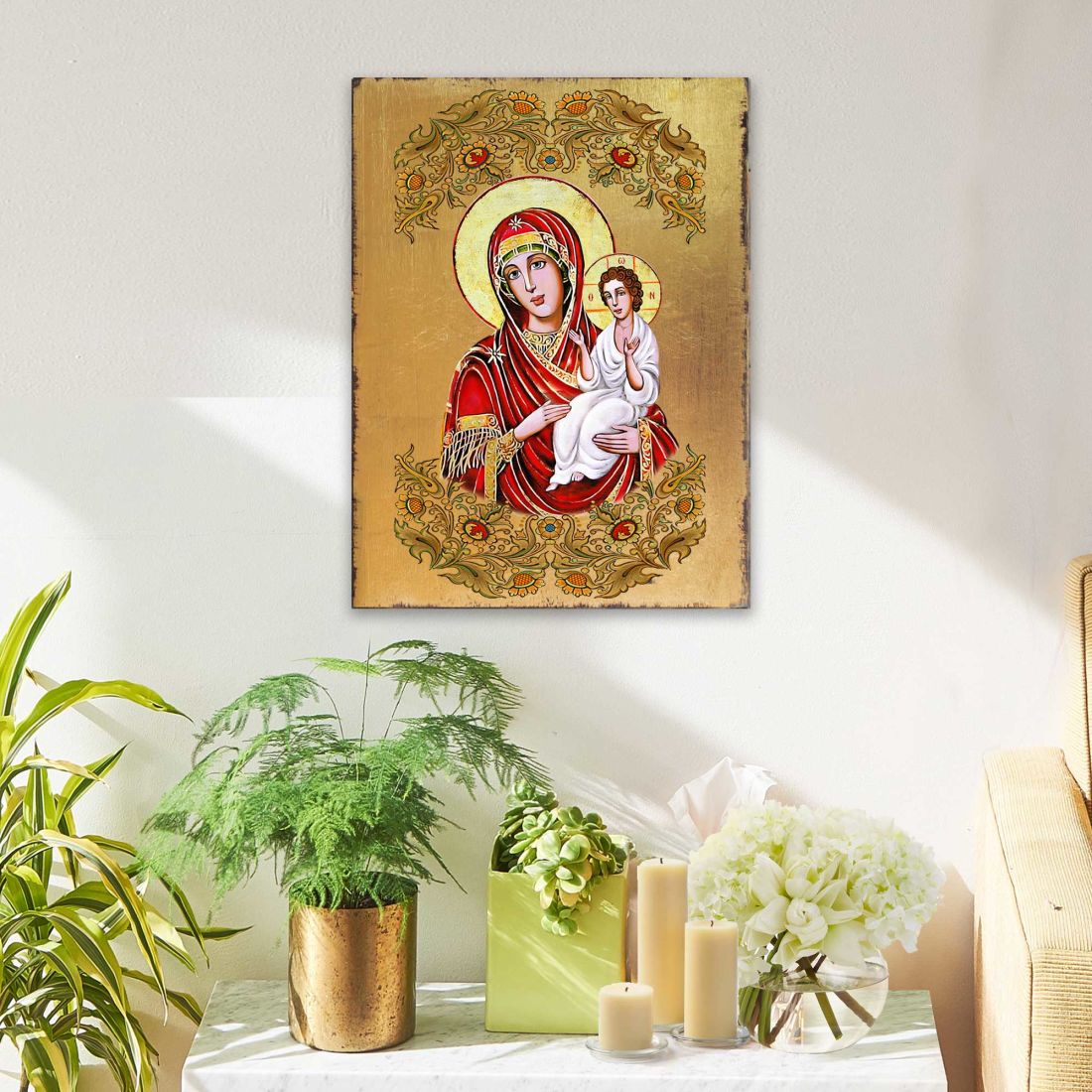 Virgin Mary Directress Wooden Gold Plated Religious Orthodox Sacred Icon - Inspirational Icon Decor - 85029