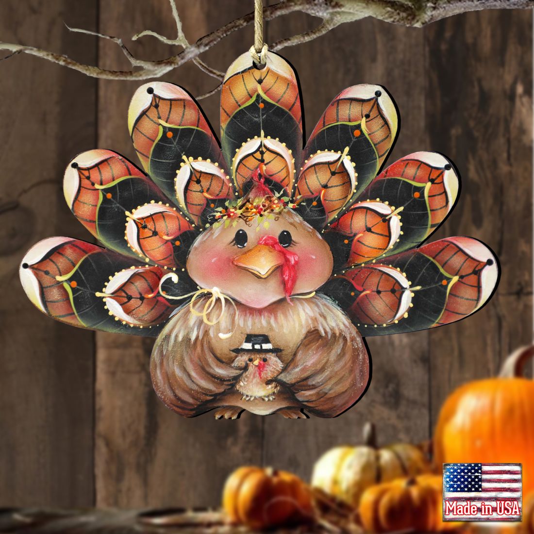Be Thankful Turkey Sitter Wooden Ornaments by Jamie Mills-Price - Thanksgiving Halloween Decor - 8457702