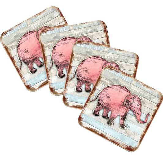 Elephant Wooden Cork Coasters Gift Set of 4 by Nature Wonders - Nature Wildlife Decor  - 8198229-9C-S4