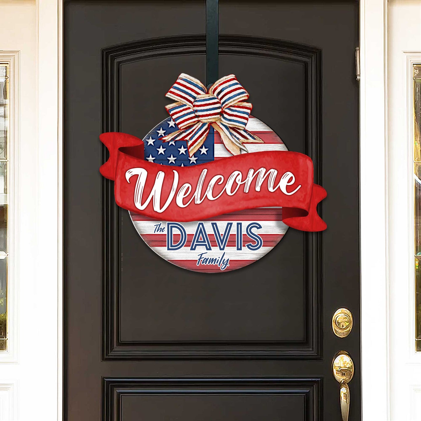 Front door welcome sign Custom name American flag porch wreath Main entrance Family Welcome sign - Wooden front porch decor - 933103HC