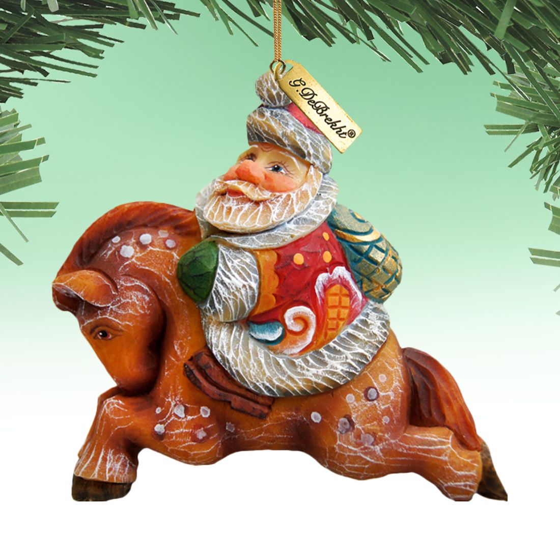Santa On Pony Sculpted Hand-Painted Christmas Ornament by G. DeBrekht - Christmas Santa Snowman Decor - 63123