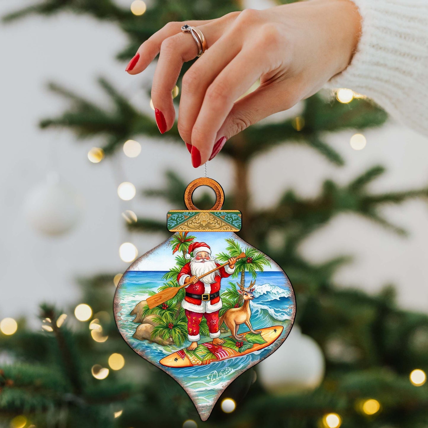 Beach Themed Ornaments - Santa's Surf Wooden Ornaments by G.Debrekht Coastal Holiday Decor - 8688187