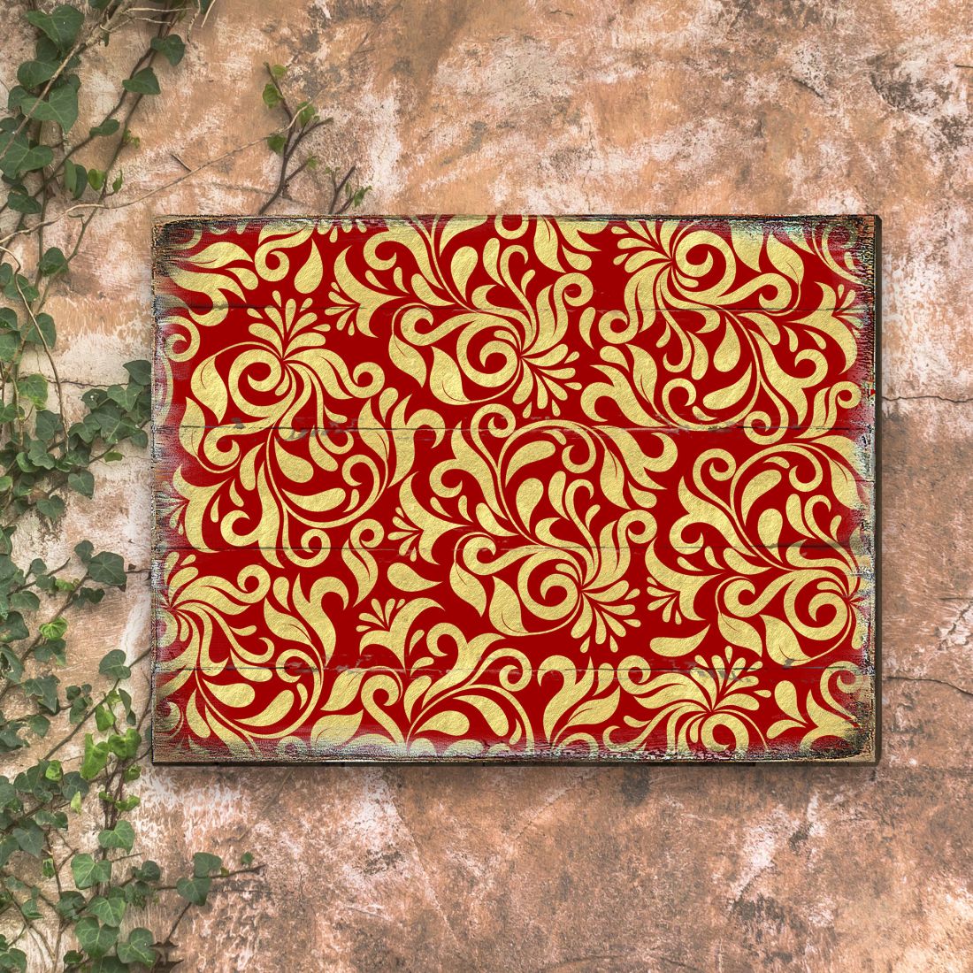 Red and Gold Floral Rustic Wooden Wall Art by G. DeBrekht - Floral Ornamental Decor - 95006B