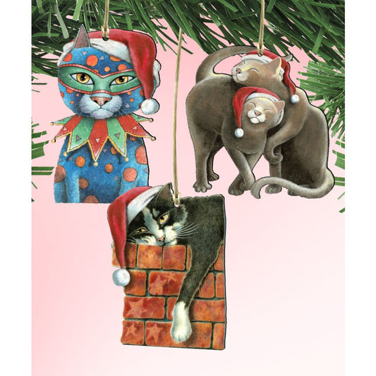 Party Cats Wooden Ornaments Set of 3 by Laura Seeley - Pets Dog and Cats Decor - 8100097S3-LS