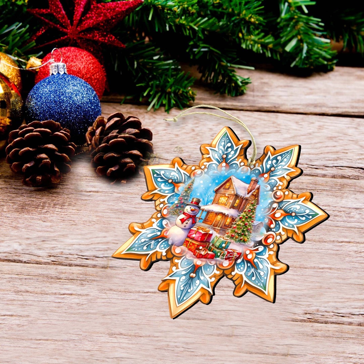 Christmas House Snowflake Wooden Ornaments Set of 3 by G. Debrekht - Christmas Decor - 8090142-S3