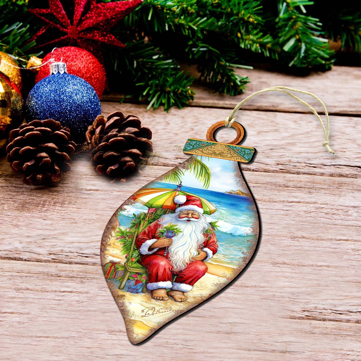 Santa on the Beach Decorations  Santa's Beach Break Wooden Ornaments by G.Debrekht Coastal Holiday Decor - 8688182