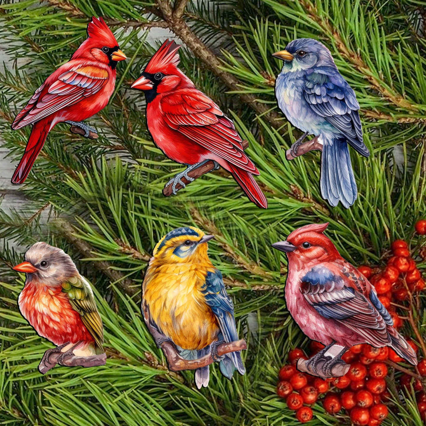Winter Birds Decorative Wooden Clip-on Ornaments of 6 by G. Debrekht - Christmas Decor - 8090005C-S6