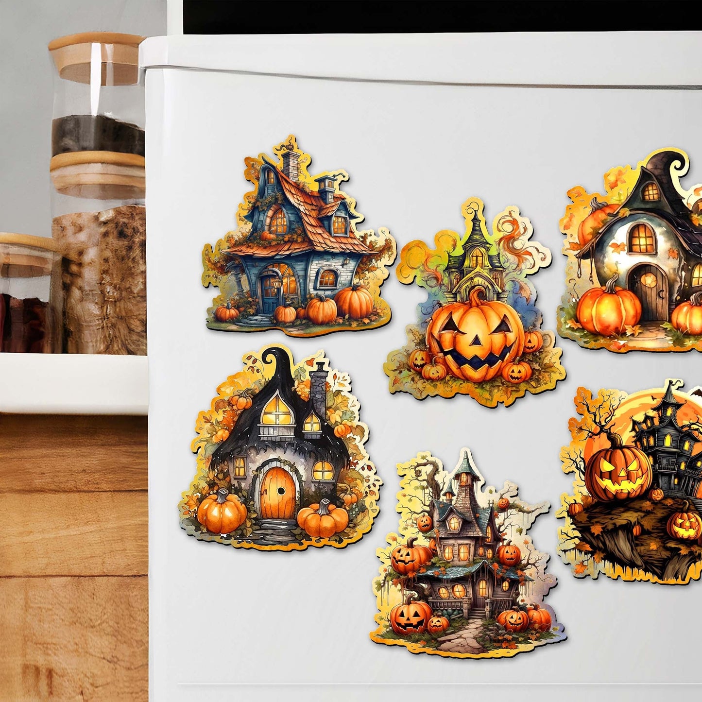 Spooky Houses Decorative Wooden Magnets Set of 6 by G. Debrekht - Halloween Decor - 8090007G-S6