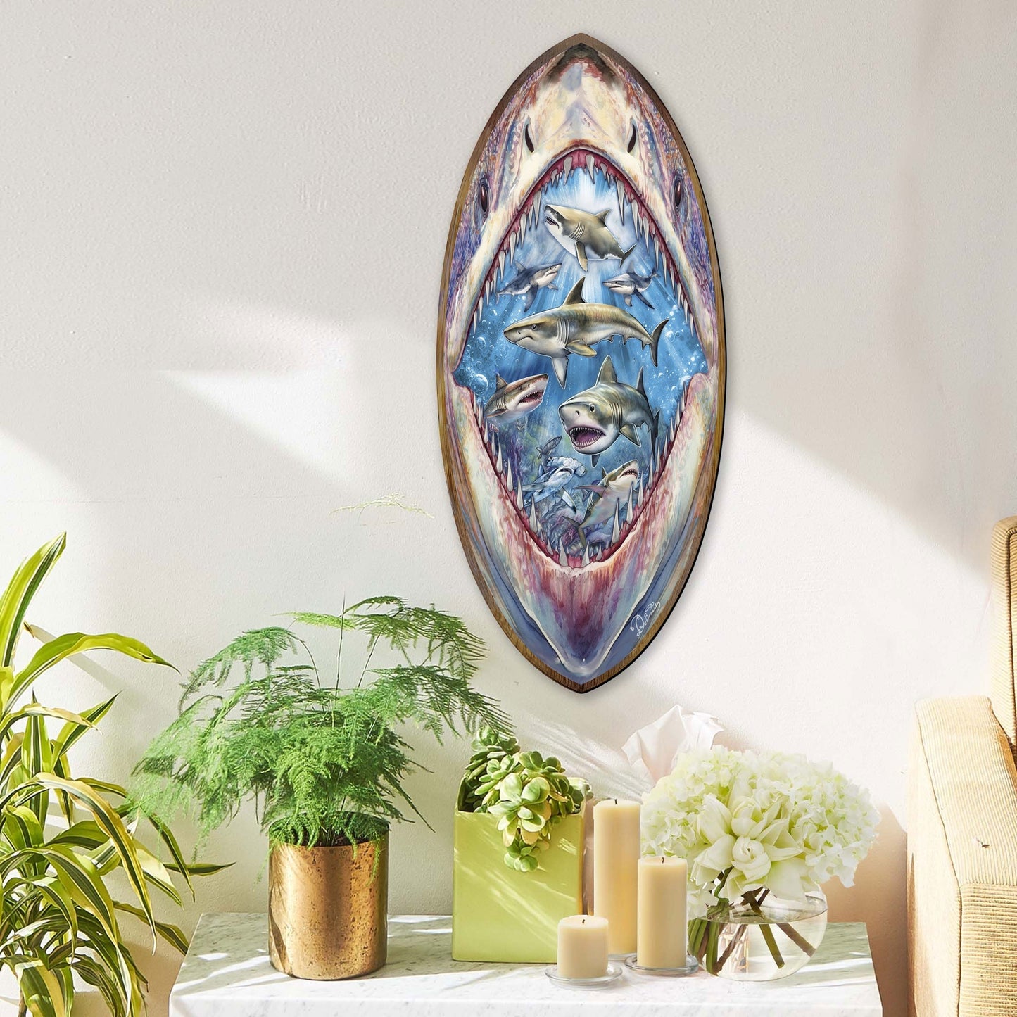 Shark Pull Coastal Surfboard Wall Art  Handcrafted Ocean Decor by G. DeBrekht - Coastal Holiday Decor - 8490138HS