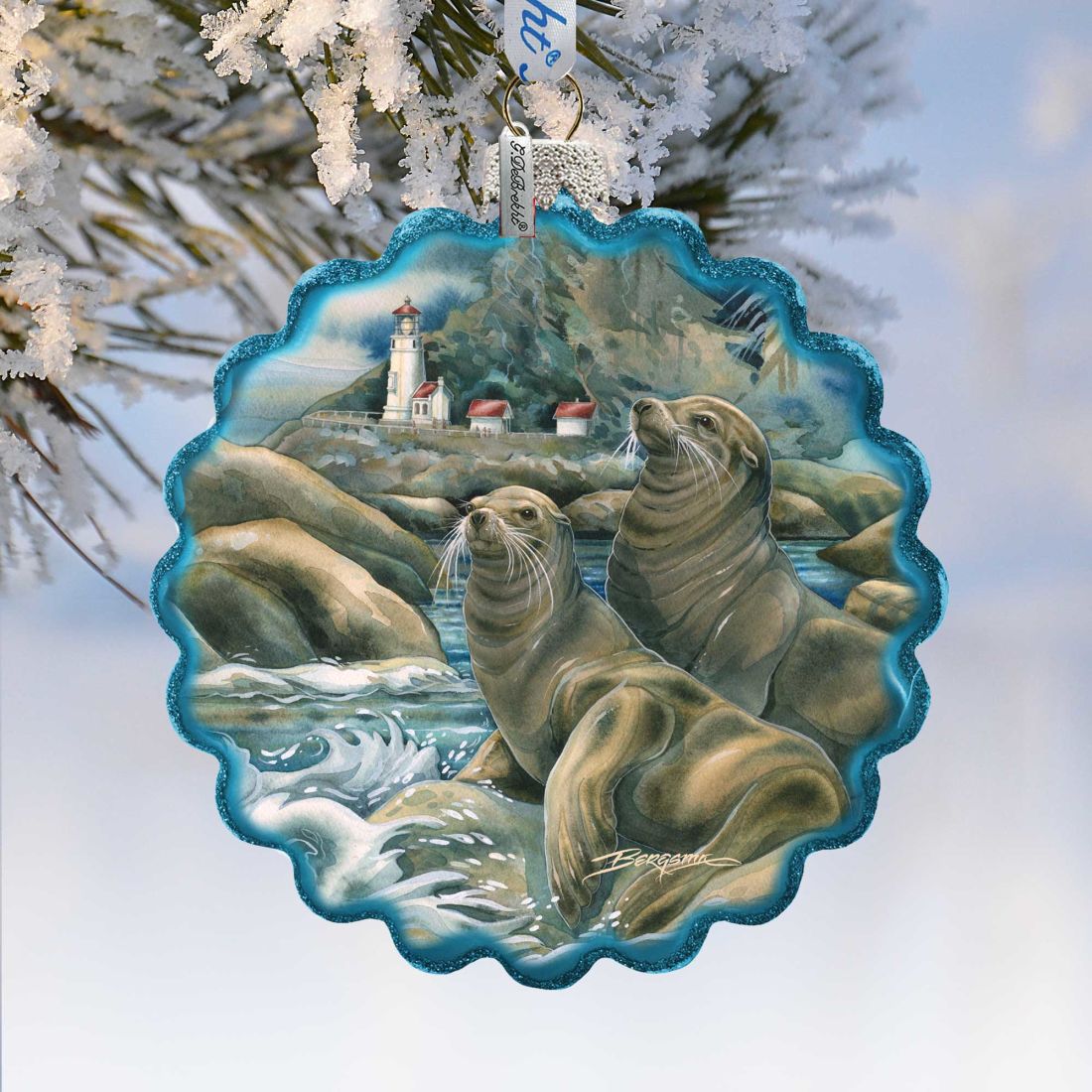 Lions of the Sea Lighthouse Caves Wreath Glass Ornament by J. Bergsma - Wildlife Holiday Decor - 759-883-JB