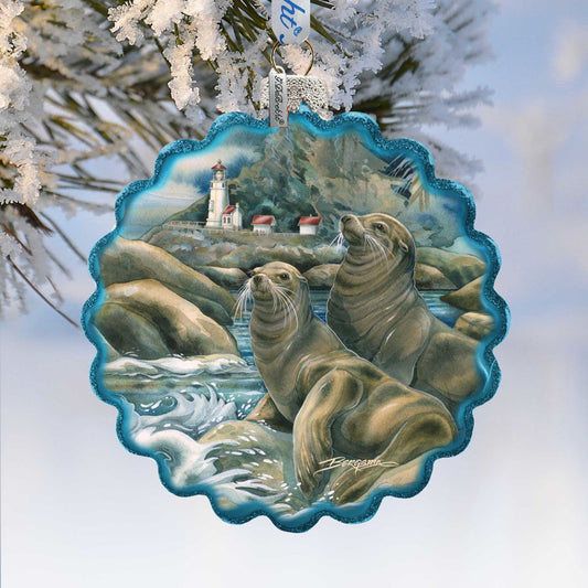 Lions of the Sea Lighthouse Caves Wreath Glass Ornament by J. Bergsma - Wildlife Holiday Decor - 759-883-JB