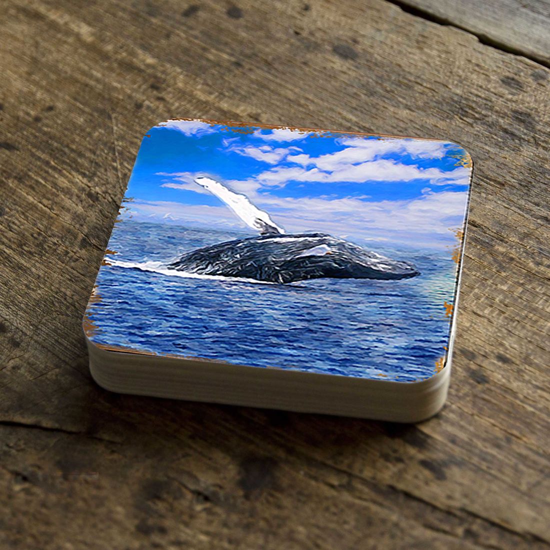 Whale Coastal Wooden Cork Coasters Gift Set of 4 by Nature Wonders - Coastal Sea-Life Decor - 95257C-S4