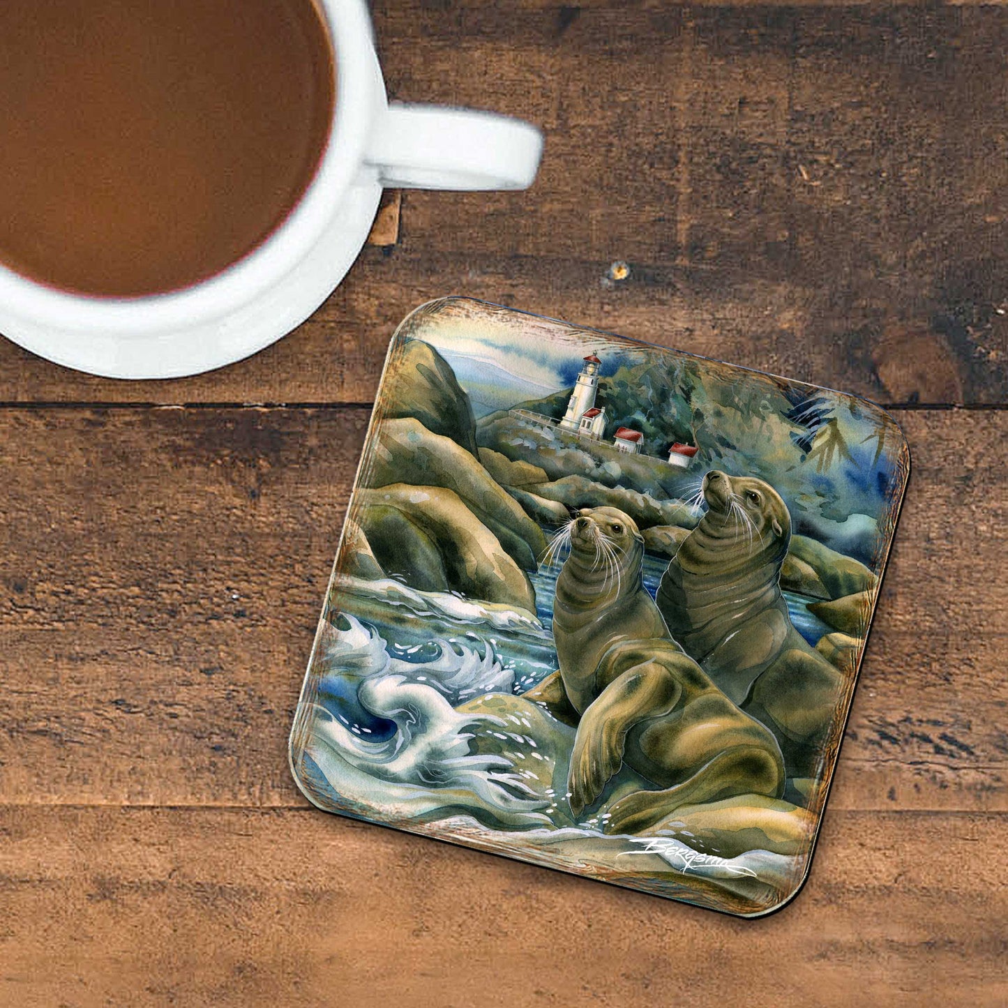 Lions of the Sea Wooden Cork Coasters Gift Set of 4 by J. Bergsma - Coastal Wildlife Decor  - 8199466C-S4