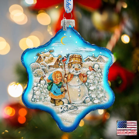 Building A Snowman Snowflake Glass Ornament by G. DeBrekht - Christmas Santa Snowman Decor - 754-005