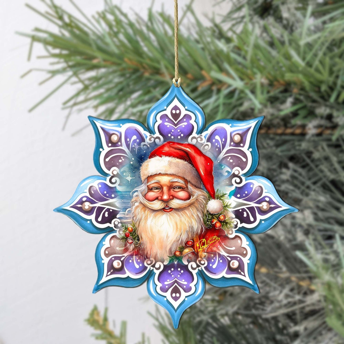 Smiling Santa Snowflake Wooden Ornaments by G. Debrekht - Christmas Santa Snowman Decor - 8688423