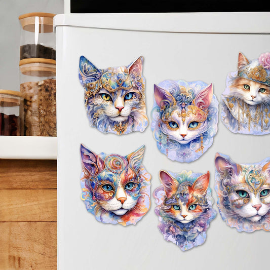 Cats Masks Decorative Wooden Magnets Set of 6 by G. Debrekht - Christmas Decor - 8090033G-S6