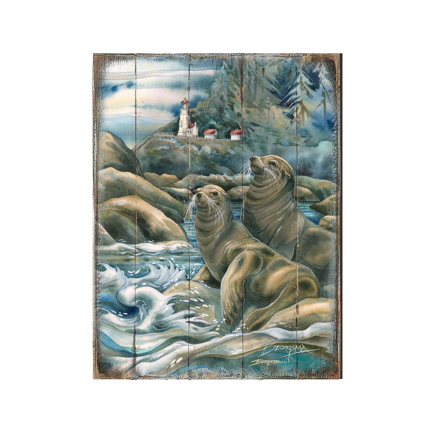 Lions of the Sea Lighthouse Caves Wooden Wall Art by J. Bergsma - Nature Wildlife Decor  - 8592883BP-JB