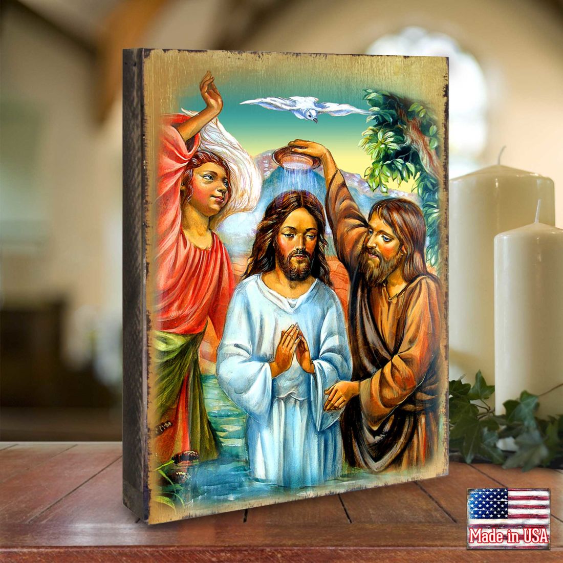 Christening Wooden Gold Plated Religious Christian Sacred Icon - Inspirational Icon Decor - 85043