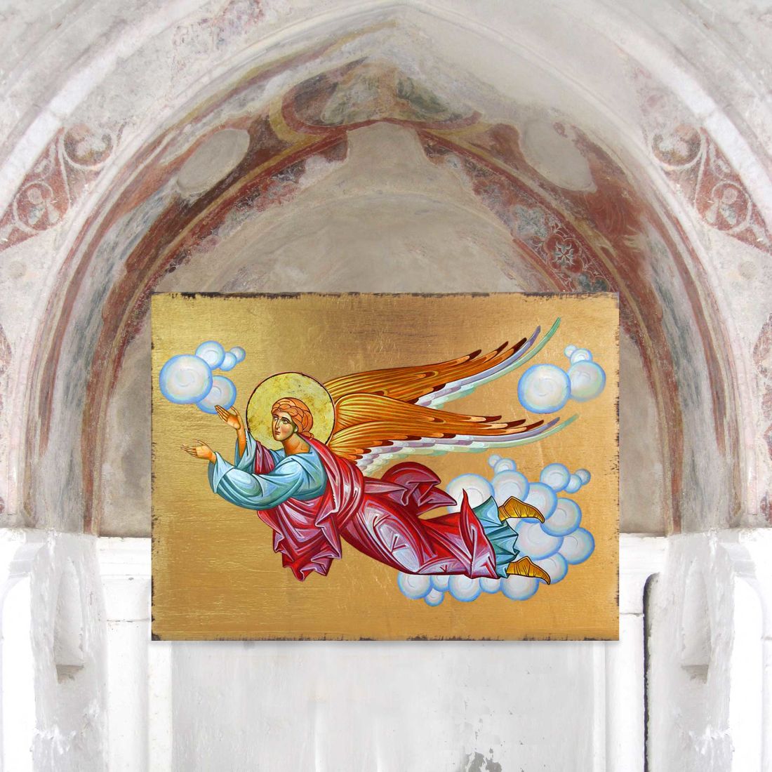 Flying Angel Wooden Gold Plated Religious Christian Sacred Icon - Inspirational Icon Decor - 85034